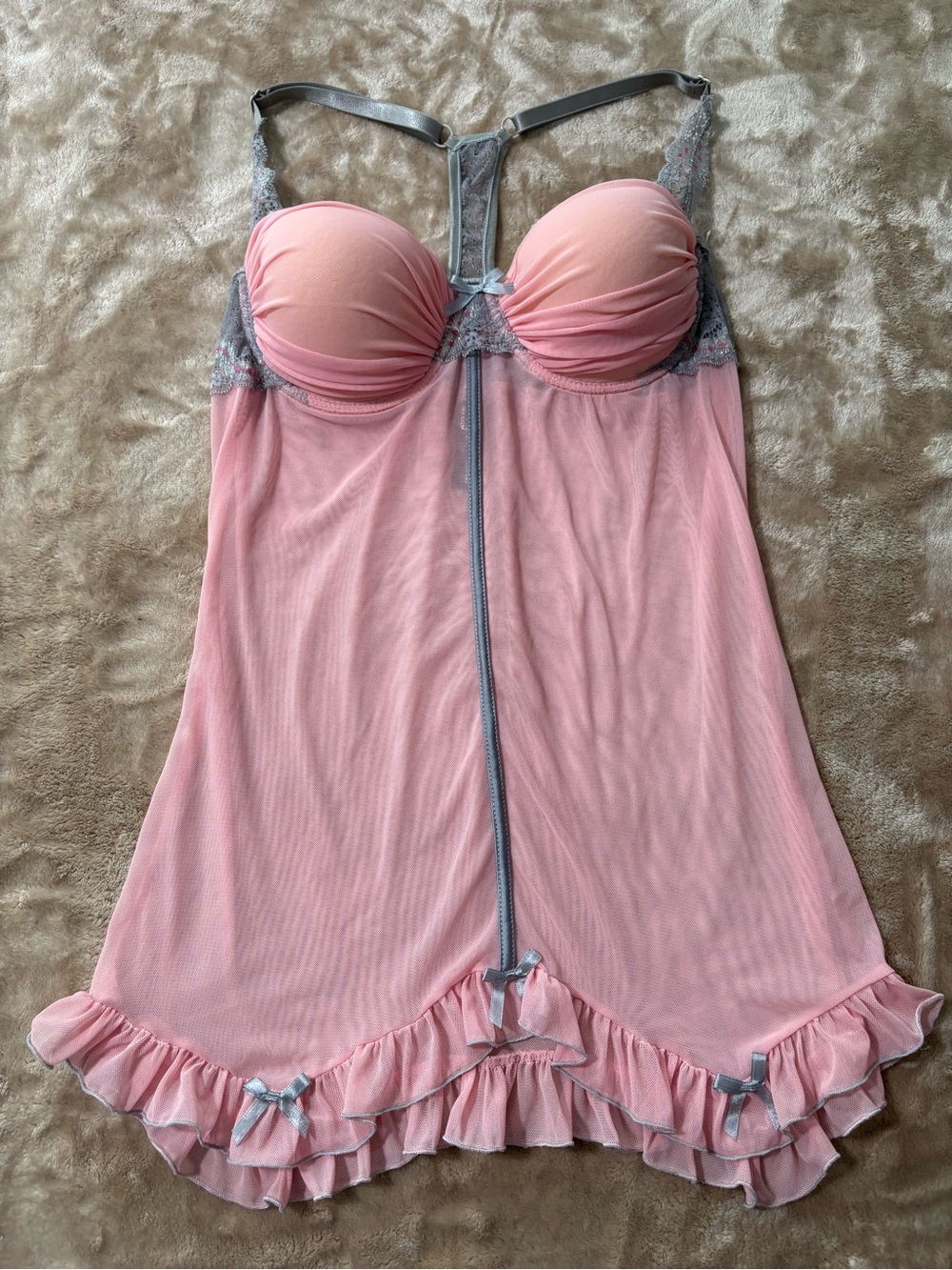 Popsi Lingerie Pink & Gray Lace Underwire Babydoll Chemise - Size XL